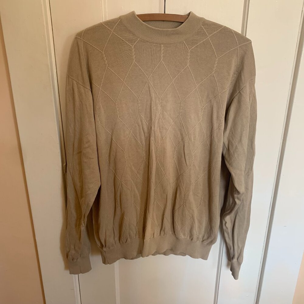 VTG 90s Mens L Sweater Silk Cotton Beige Argyle Light Weight Fisherman Grandpa